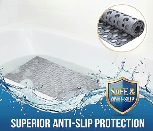 Nonslip Bath Tub Shower Mat with Suction Cups, Extra Soft TPE Bath Mat for Kids, Bathtub Bathroom Mats, Machine Washable, Smooth/Non-Textured Tubs Only, 30L x 17W Inch (Light Gray) - color: Light Gray, size: 30" x 17" (Rectangular)