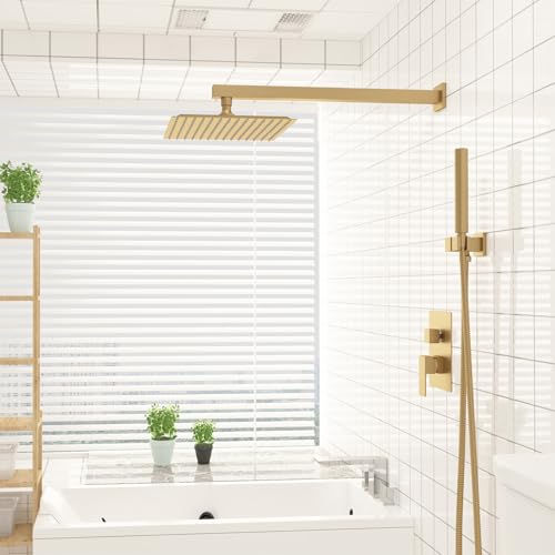 10 In Rain Shower Head High Pressure Rainfall Shower Head Brushed Gold | Square Rain Bathroom Showerhead, High Flow, Large Stainless Steel, Ceiling Mounted, Wall Mounted, Waterfall Full Body - color: Brushed Gold, size: 10 Inch