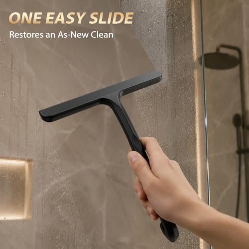 Silicone Shower Squeegee with Hanging Hook for Glass Door & Window, Black | One-Piece Seamless Design for Easy Maintenance; Streak-Free Scraper for Mirrors, Tiles, Countertops & Car Windshields