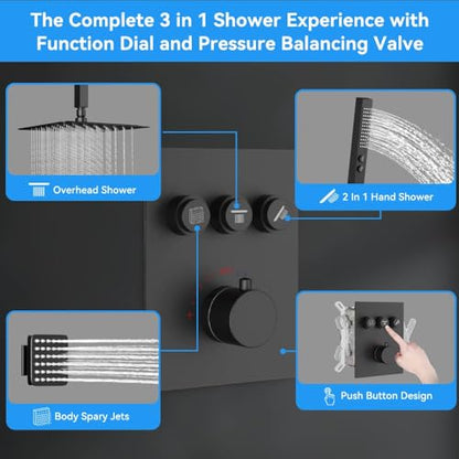 Thermostatic Shower System with Body Jets, STARBATH 12" Rain Shower with 2 in 1 Handheld, Can Use All at Once, Ceiling Mount Complete Shower Faucet Set with Thermostatic Valve Trim Kit, Matte Black - color: Matte Black, size: 12"-02
