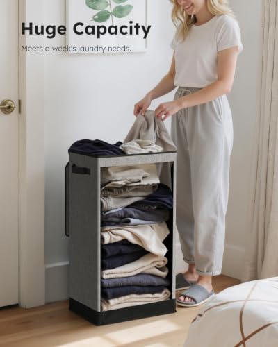 SOLEDI Slim Laundry Hamper with Lid, Narrow Laundry Basket with Removable Bags, Dirty Clothes Hamper with handle, Small Hamper perfect for Laundry room, Bathroom, Bedroom, Small spaces. 70L Grey - color: Grey, size: 70L