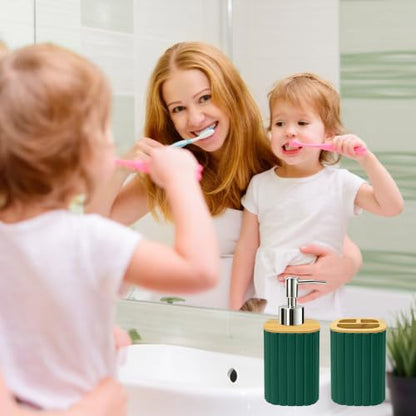 Bathroom Accessories Set, 2PCS Dark Green Soap Dispenser, Toothbrush Holder | Bamboo Bathroom Sets Accessories, Bathroom Set Striped - color: Green