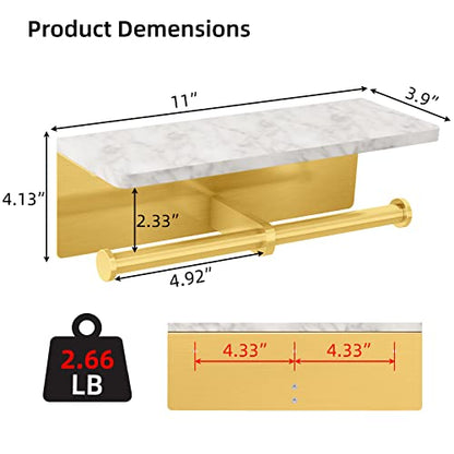 Gypie Brushed Gold Toilet Paper Holder with Marble Shelf, Double Rolls | Toilet Paper Holder with Storage, Toilet Paper Wall Mount for Bathroom Washroom - color: Gold Double