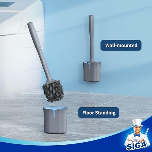 MR.SIGA Toilet Brush and Holder Wall Mounted, Gray, 1 Pack | Compact space saving toilet cleaner brush, scratch free thermoplastic rubber head, easy to clean and dry quickly - color: Gray