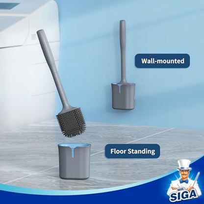 MR.SIGA Toilet Brush and Holder Wall Mounted, Gray, 1 Pack | Compact space saving toilet cleaner brush, scratch free thermoplastic rubber head, easy to clean and dry quickly - color: Gray