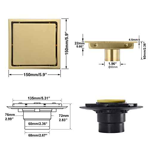 6 Inch Brushed Gold Shower Drain Square, Removable Grid Strainer Cover and Invisible Tile Insert，with Adjustable Drain Flange Kit Base PVC, SUS304 Stainless Steel Brass Face - color: Brushed Gold