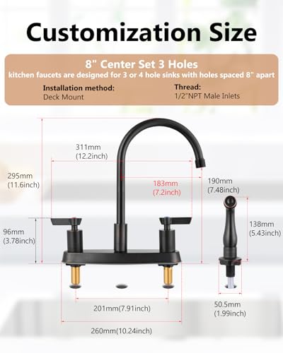Kitchen Faucet with Side Sprayer, 8 Inch Centerset 4-Hole Bronze | Lead-Free 4-Hole High Arc Kitchen Sink Faucet, 1.8 GPM, 360° Spout - color: Bronze