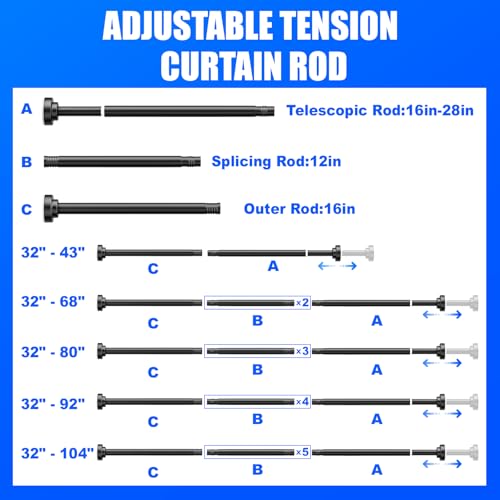 Ausemku Shower Curtain Rod Tension - 32-80 Inch Never Rust Non-Slip Spring Tension Curtain Rod No Drilling Stainless Steel Curtain Rod Use Bathroom Kitchen（Black） - color: Black, size: 32-80 IN