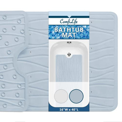 ComfiLife Bath Mat for Bathroom Tub and Shower – Non Slip Extra Large Bathtub Mat with Drain Holes & Suction Cups – Machine Washable Rubber Mats to Keep Bathtub Clean (Light Blue, Wave 16" x 40")