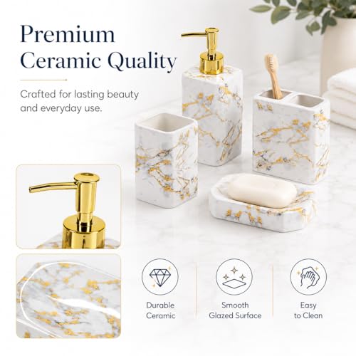 4 Piece Bathroom Accessories Set - White Bathroom Accessory Sets Includes Lotion Dispenser, Toothbrush Holder Tumbler, and Soap Dish - Glossy Finish (Marble, White) - color: White