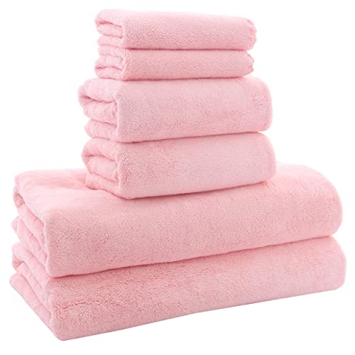 MOONQUEEN Ultra Soft Towel Set - Quick Drying - 2 Bath Towels 2 Hand Towels 2 Washcloths - Microfiber Coral Velvet Highly Absorbent Towel for Fitness, Bathroom, Sports, Yoga, Travel (Pink, 6 Pcs) - color: Pink