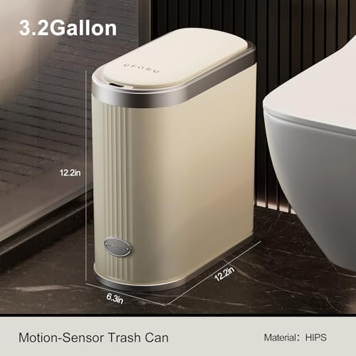 UFORU Touchless Motion Sensor Trash Can, 3.2 Gallon Automatic Bin, Beige | Slim Profile, Space-Saving Design, Lidded Design, Bathroom, Office and Kitchen Use, Placement in Corners and Small Spaces