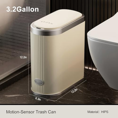UFORU Touchless Motion Sensor Trash Can, 3.2 Gallon Automatic Bin, Beige | Slim Profile, Space-Saving Design, Lidded Design, Bathroom, Office and Kitchen Use, Placement in Corners and Small Spaces