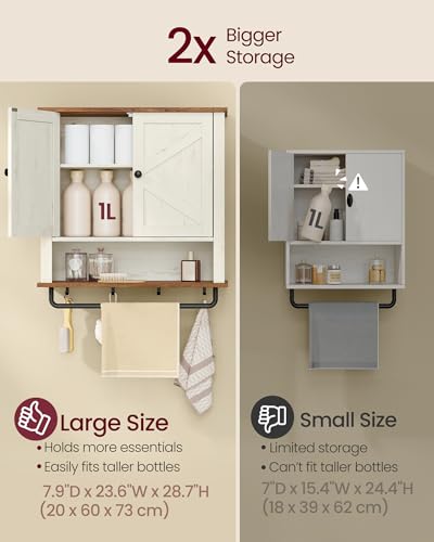 VASAGLE LIRY Collection - Bathroom Wall Cabinet, Farmhouse Wall-Mounted Medicine Storage Cabinet with 2 Barn Doors, Adjustable Shelf, Towel Bar, 7.9 x 23.6 x 28.7 Inches, Rustic White UBBK131W01S - color: Rustic White, style: 2Doors（28.7"H）
