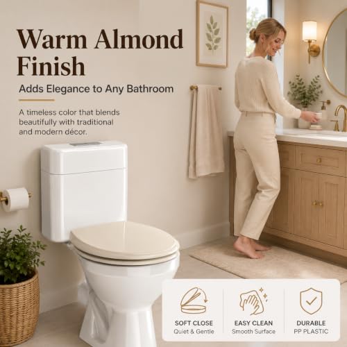 Round Toilet Seat Almond 16.5 Inch, Soft Close Toilet Seat, Quiet No Slam Toilet Lid, Easy Install & Quick Release, Durable PP Plastic, Easy Clean, Fits Most Standard Round Toilets, Almond - color: Almond, size: without toddler seat 1 Pack