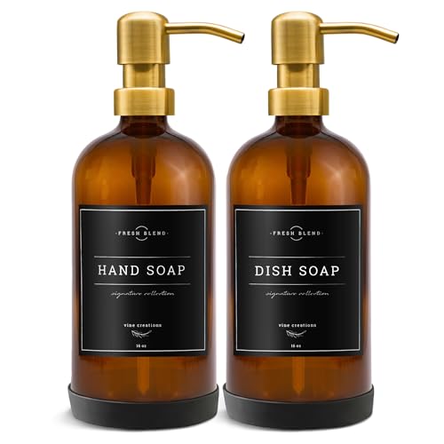 Vine Creations Amber Glass Soap Dispenser, 2 Pack Kitchen Soap Dispenser Set with Stainless Steel Pump, 16 oz Dish Soap and Hand Soap Dispensers for Bathroom with Waterproof Labels - color: Amber Bottle / Gold Pump