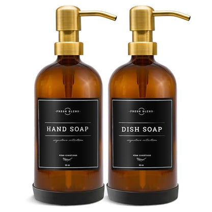 Vine Creations Amber Glass Soap Dispenser, 2 Pack Kitchen Soap Dispenser Set with Stainless Steel Pump, 16 oz Dish Soap and Hand Soap Dispensers for Bathroom with Waterproof Labels - color: Amber Bottle / Gold Pump