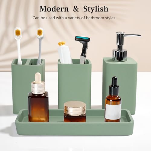 Bathroom Accessories Set, 4 Piece Toothbrush Holder Set - Green | Bathroom Accessory Set with Soap Dispenser, Toothbrush Holder, Tumbler, Vanity Tray, Bathroom Sink Set for Modern Home Decor - style: Green