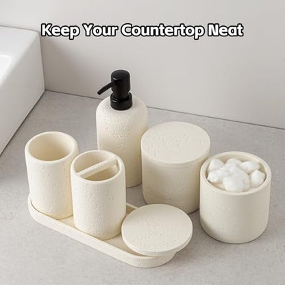 Bathroom Accessories Set,4 PCS Travertine Stone Look Collection,Cream | Modern Bath Organizer with 13.53OZ Soap Dispenser,Toothbrush Holder,Tumbler,Vanity Tray,2PCS Cotton Swab Jars for Countertop - color: Cream 6 Pcs
