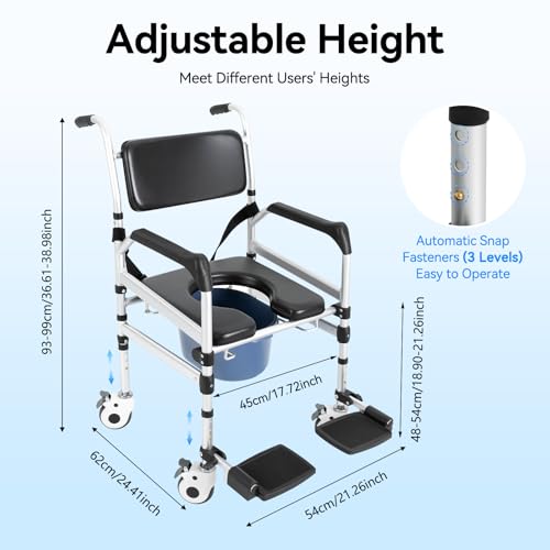 Shower Chair with Wheels, Rolling Commode Chair for Toilet with Arms, Adjustable Height Folding Bath Commodes for Inside Shower, Bedside Wheelchair Bathroom Chairs for Elderly Disabled Injured