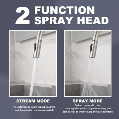 Brushe Nickel Bathroom Sink Faucet with Pull Down Sprayer | 2 Mode Sprayer, with Deck Plate for 1 or 3 Hole, 360° Swivel, with Pop Up Drain for Vanity Bar RV Basin Laundry - color: Brushed Nickel