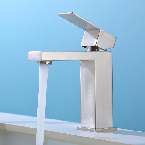 Brushed Nickel Bathroom Sink Faucets One Hole Sink Faucet Single Handle 1 Hole Vanity SUS304 Stainless Steel Faucet for Bathroom Sink Bathroom Faucets, SF3-BN - color: Brushed Nickel, style: For 1 Hole Sink: Only Faucet (NO Drain)