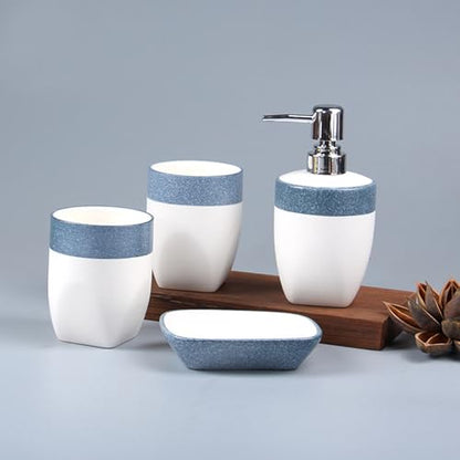 Bathroom Accessories Set of Ceramic soap Dispenser, 2 Toothbrush Cups, soap Dish, Exquisite Snowflake Glaze Technology Bathroom Accessories 4-Piece Set (Blue)