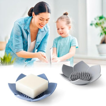 Lotus Shaped Silicone Soap Dish Non Slip Bathroom Soap Holder with Drainable Design Modern Soap Tray for Kitchen and Bathroom Durable Water Proof (4, Grey Green Blue White) - color: Grey Green Blue White