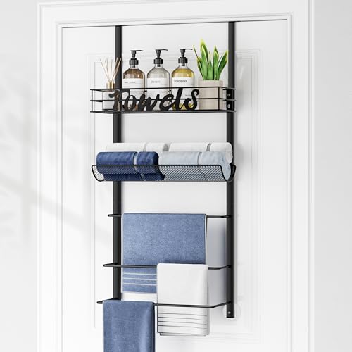 SWTYMIKI Over the Door Towel Racks for Bathroom - 5-Tier Wall Mounted Bathroom Towel Storage Organizer Holder with Metal Shelf, Black - color: Black