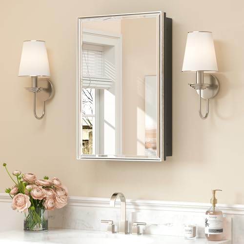 Keonjinn 16" x 24" Medicine Cabinets with Mirror for Bathroom, Fully Assembled, Brushed Nickel Bathroom Mirror with Storage Cabinet, Recessed or Surface Wall-Mounted, Aluminum Alloy Framed - color: Brushed Nickel, size: Mirror: 16x24 IN, style: Single-Doo