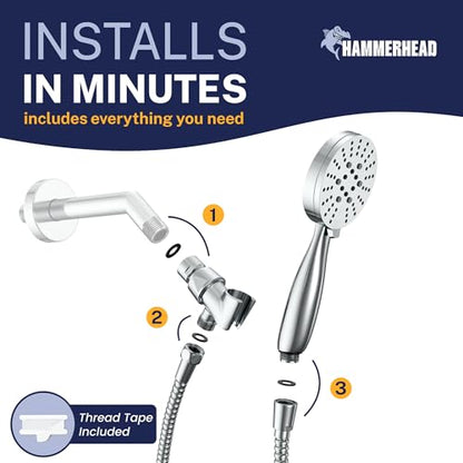 HammerHead Showers® Solid Metal 3-Spray Handheld Shower Head with Long Hose and Holder - CHROME - 2.5 GPM High Pressure Shower Head with Handheld Sprayer - WIDE, MASSAGE, and MIST Sprays - color: Polished Chrome, size: 2.5 GPM Standard