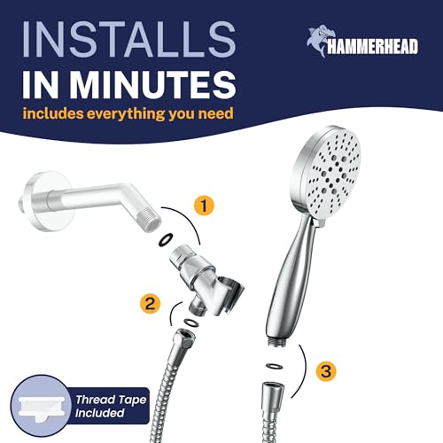 HammerHead Showers® Solid Metal 3-Spray Handheld Shower Head with Long Hose and Holder - CHROME - WIDE, MASSAGE, and MIST Sprays - 1.8 GPM Low Flow Handheld Showerhead - Water Saving Shower Head - color: Polished Chrome, size: 1.75 GPM California