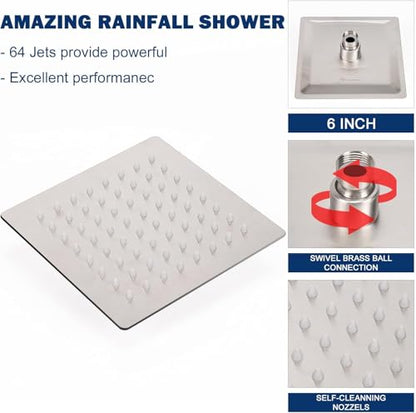 NearMoon Rain Shower Head, High Flow Stainless Steel Square Rainfall Shower, High Pressure Design, Awesome Shower Experience Even At Low Water Flow (6 Inch, Brushed Nickel) - color: Brushed Nickel, size: 6 Inch Square