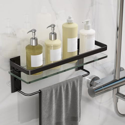 Bathroom Wall Shelf with Towel Bar, Clear Tempered Glass, Hand Towel Holder (Matte Black) - color: Black, size: Shelf with Towel Bar