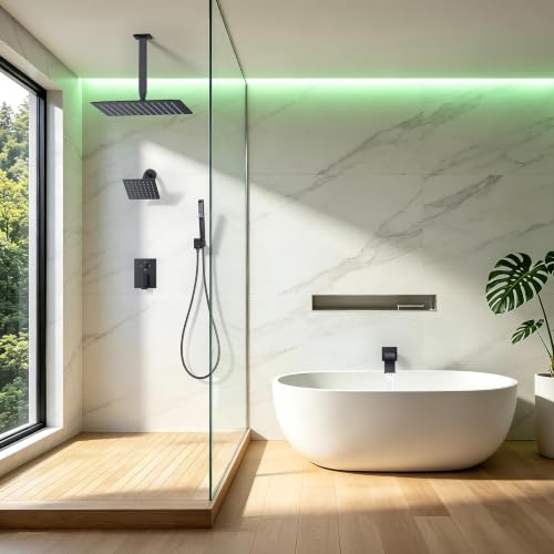 Rain Shower System with Rough-in Valve, Ceiling Mount Shower Faucet Set with 12" & 6" Dual Rain Shower Heads, 2-in-1 Handheld Shower, Tub Spout, 4-Function Complete Shower Fixture, Matte Black - color: Matte Black, size: Ceiling Mount-12"+6" head with Tub
