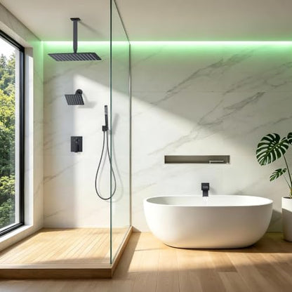 Rain Shower System with Rough-in Valve, Ceiling Mount Shower Faucet Set with 12" & 6" Dual Rain Shower Heads, 2-in-1 Handheld Shower, Tub Spout, 4-Function Complete Shower Fixture, Matte Black - color: Matte Black, size: Ceiling Mount-12"+6" head with Tub