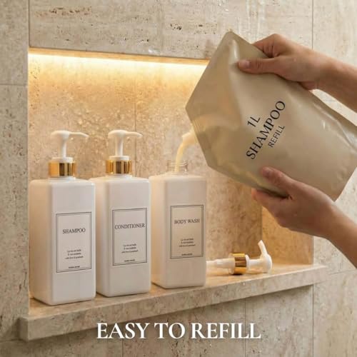 Modern Gold Design Shampoo and Conditioner Dispenser - Large 27oz Shower Soap Dispenser, Set of 3 Refillable Empty Plastic Pump Bottles for Bathroom and Body Wash (6 Waterproof Labels Included), White - color: White