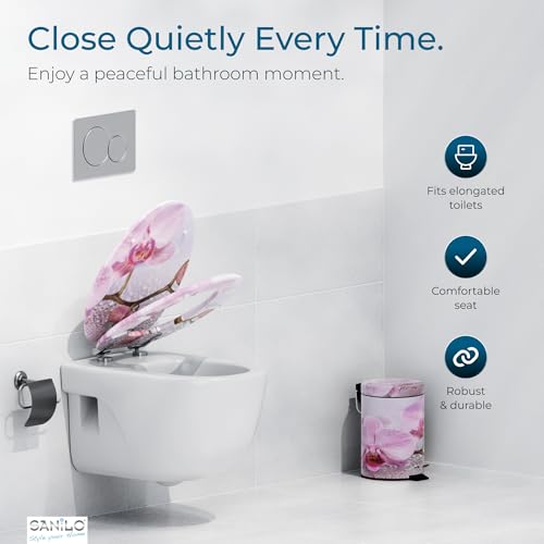 SANILO Wooden Toilet Seat with Soft Close [ELONGATED] - Decorative, Quiet & Slow Close Molded Wood Seat - With Strong Bumpers & Hinges - Adjustable Fit - Blooming - color: Blooming