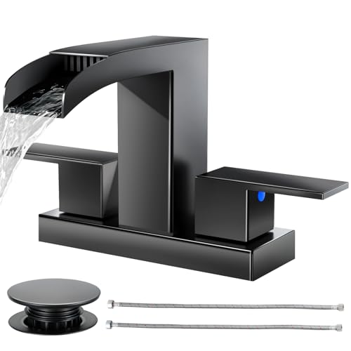 Cobbe Waterfall Bathroom Faucets 3 Hole, Matte Black Bathroom Sink Faucet Square 4 Inch Centerset with Pop-Up Drain, 2 Handle and 2 Supply Hoses, Lead-Free Stainless Steel for Vanity Sink Rv - color: Black, size: 4 Inch Centerset