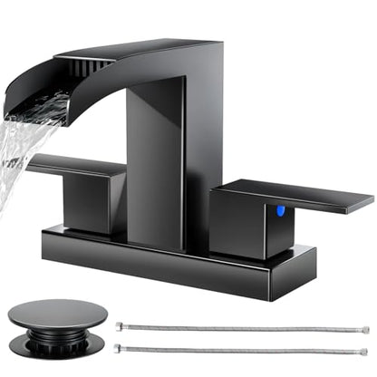 Cobbe Waterfall Bathroom Faucets 3 Hole, Matte Black Bathroom Sink Faucet Square 4 Inch Centerset with Pop-Up Drain, 2 Handle and 2 Supply Hoses, Lead-Free Stainless Steel for Vanity Sink Rv - color: Black, size: 4 Inch Centerset