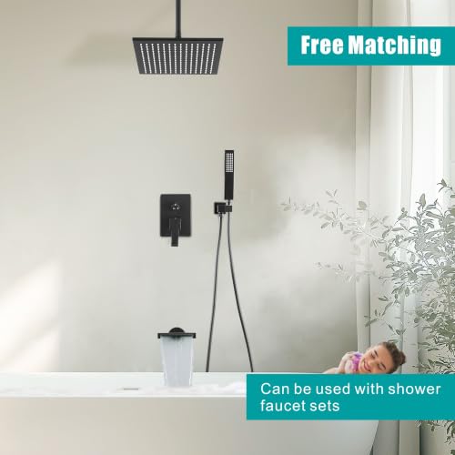 SKOWLL Waterfall Showerhead, Europe Showerhead Spas, Wall Mount High Pressure Waterfall Head with 360° Rotate Body Spray Jets, Matte Black - color: Matte Black