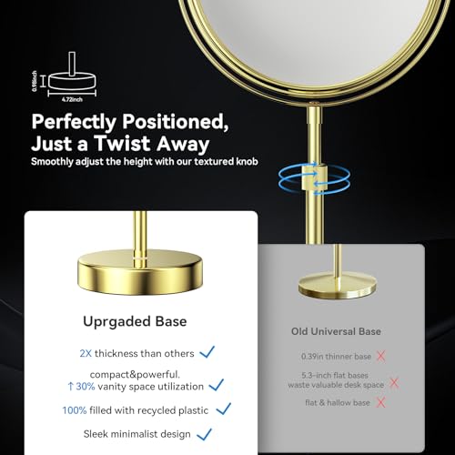 Nicesail 8" Face 10X Tabletop Vanity Mirror, Shiny Gold, Height Adjustable | 15-19" Tall Table Mirror, 1X 10X Magnifying Mirror Double Sided for Makeup &Shaving, Desk Vanity Mirror 360 Rotation Bathroom