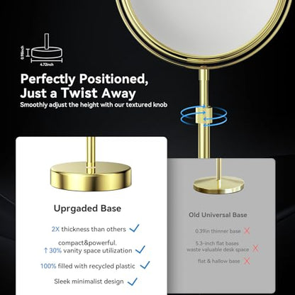 Nicesail 8" Face 10X Tabletop Vanity Mirror, Shiny Gold, Height Adjustable | 15-19" Tall Table Mirror, 1X 10X Magnifying Mirror Double Sided for Makeup &Shaving, Desk Vanity Mirror 360 Rotation Bathroom