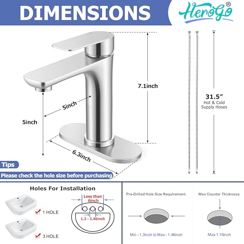Herogo Bathroom Sink Faucet 1 or 3 Holes, Brushed Nickel Bathroom Faucet with Pop-up Drain, Hooks & Water Supply Hoses, Stainless Steel, Single Handle, for Vanity RV Farmhouse - color: Brushed Nickel