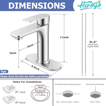 Herogo Bathroom Sink Faucet 1 or 3 Holes, Brushed Nickel Bathroom Faucet with Pop-up Drain, Hooks & Water Supply Hoses, Stainless Steel, Single Handle, for Vanity RV Farmhouse - color: Brushed Nickel