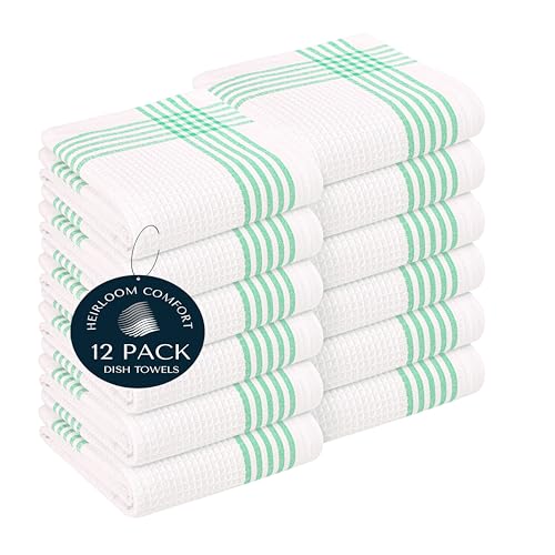 Dark Green Waffle Weave Kitchen Towels 12 Pack, 100% Cotton, 16x26 Inch, Ultra Absorbent, Quick Dry Dishcloths, Durable & Reusable Dish Towels for Home and Kitchen, Machine Washable - color: Dark Green, White, style: 12 Pack
