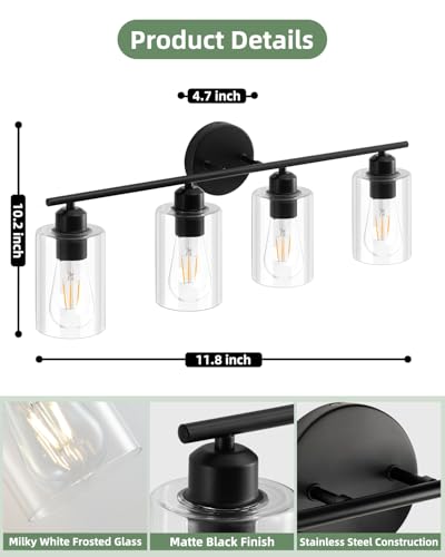 4-Light Bathroom Light Fixtures, Matte Black Vanity Lights for Bathroom - color: Matte Black, size: 4 Light - 1 pack