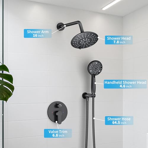EMBATHER 8'' Shower System with Handheld & Trim Kit, Matte Black | 2-IN-1 Shower Faucet Set, 3-Mode Shower Head, 8-Setting Handheld Spray, Pressure-balanced Valve & Trim Kit - color: Matte Black, size: 8 Inch