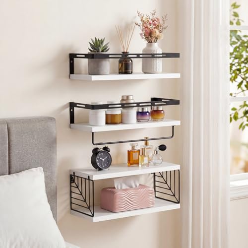 Fixwal Wall Mounted Bathroom Shelves Over Toilet (3+1 White) | Wall Shelf with Basket Storage , Towel Bar, Solid Wood, 22Lb Capacity, Easy DIY Install - color: 4-white