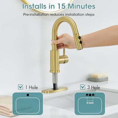 Brushed Gold Bathroom Faucet with Pull Down Sprayer, 2 Flow Mode | Modern Stainless Steel Bathroom Sink Faucet with Pop-up Drain and Hoses, RV & Outdoor Basins, for 1 or 3 Hole - color: Brush Gold